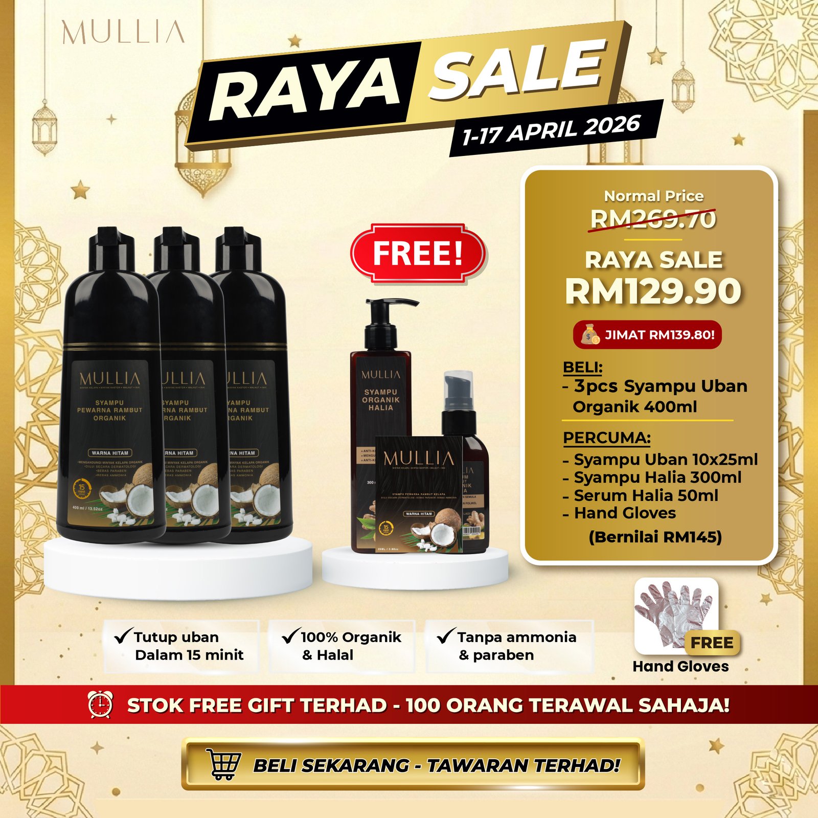 3 BOTOL SYAMPU UBAN ORGANIK MULLIA - RAYA SALE