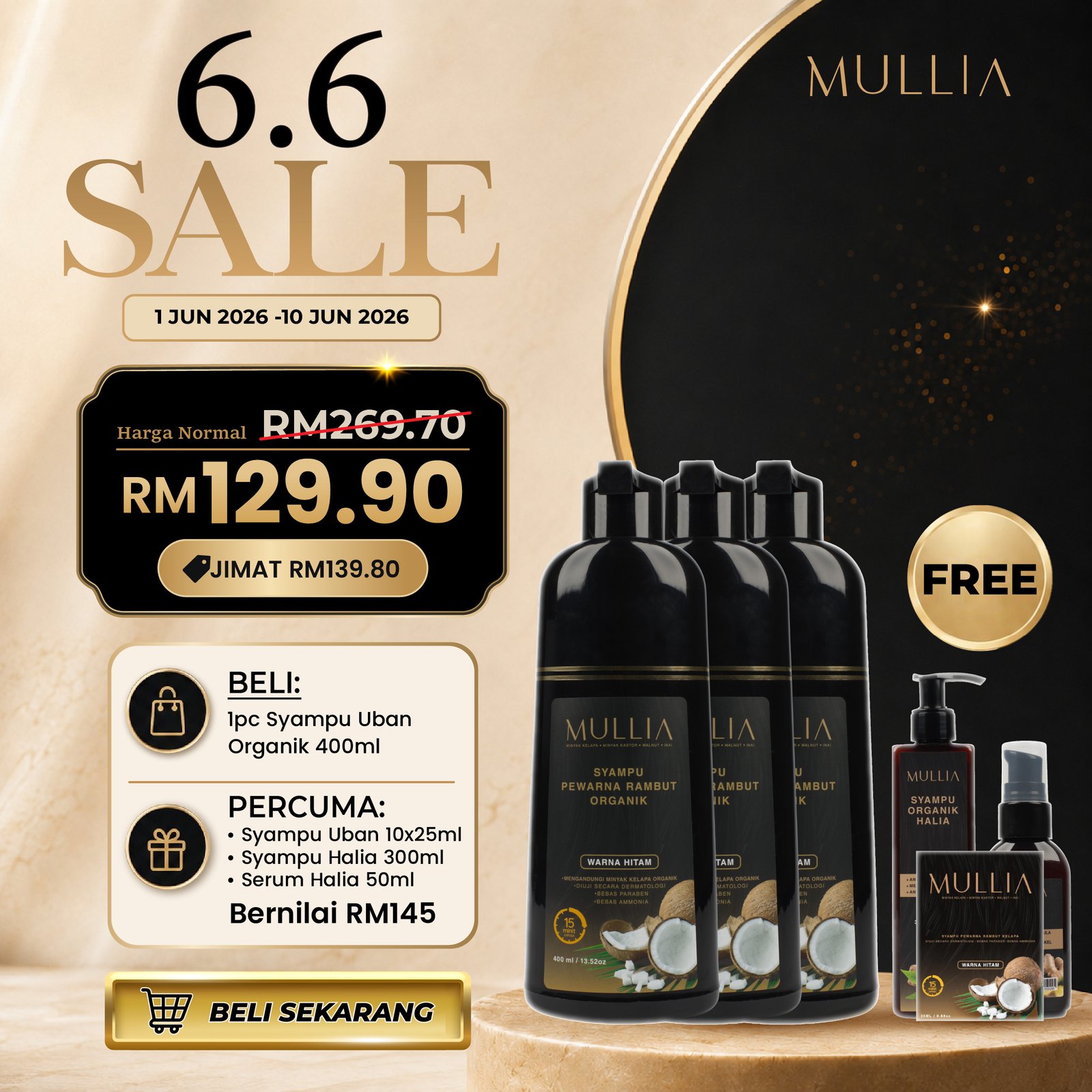 3 botol Syampu Uban 400ml + FREE Syampu Uban 250ml + FREE Syampu & Serum Halia